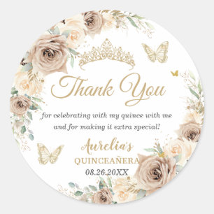 Sticker Rond Champagne Crème Beige Floral Quinceañera Sweet 16