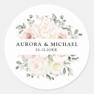 Sticker Rond Champagne Ivory Blush rose Floral Mariage