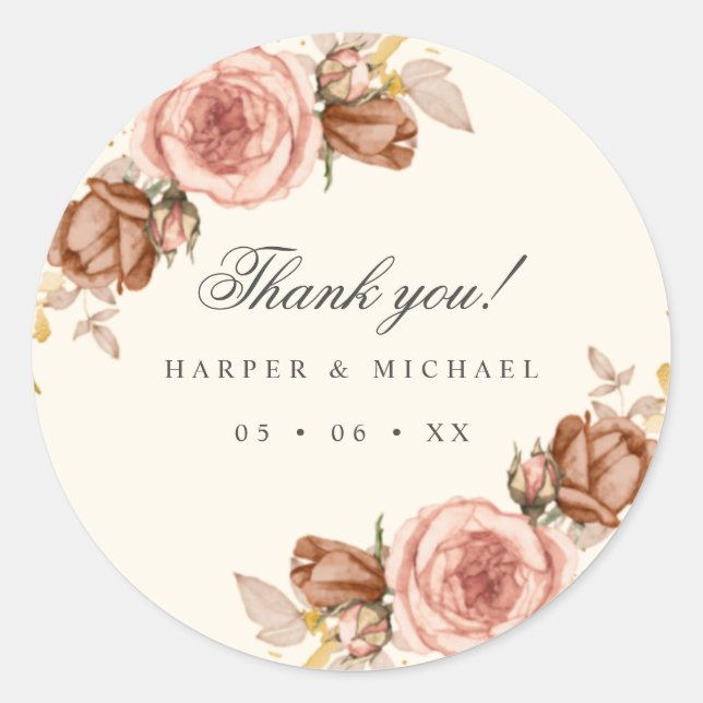 Sticker Rond champagne rose ivoire rousse rose mariage merci (Devant)