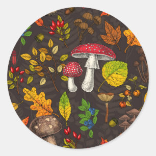 Sticker Rond Champignons d'automne, feuilles, noix et baies sur