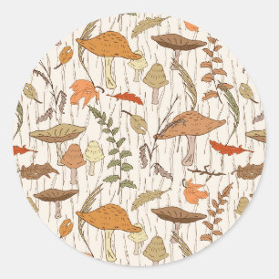 Sticker Rond Champignons et Feuilles d'automne - motif sans sou