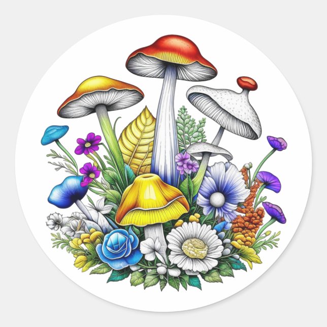Sticker Rond Champignons et fleurs magiques (Devant)