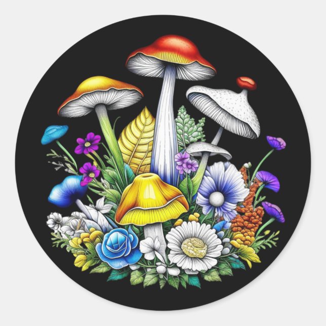Sticker Rond Champignons et fleurs magiques (Devant)