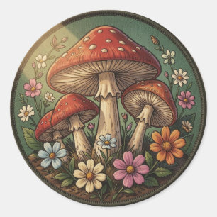 Sticker Rond Champignons et Fleurs Sauvages de Style Campagnard