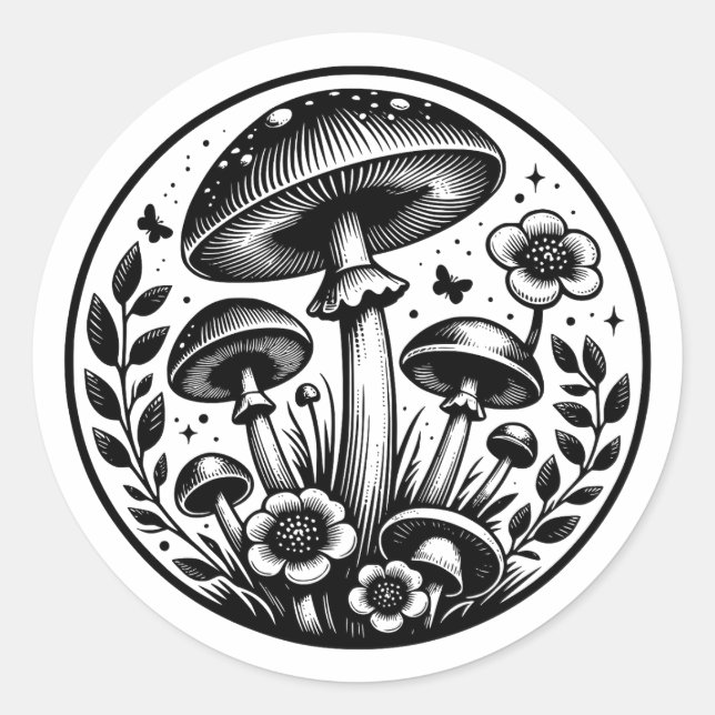 Sticker Rond Champignons et fleurs vintages (Devant)
