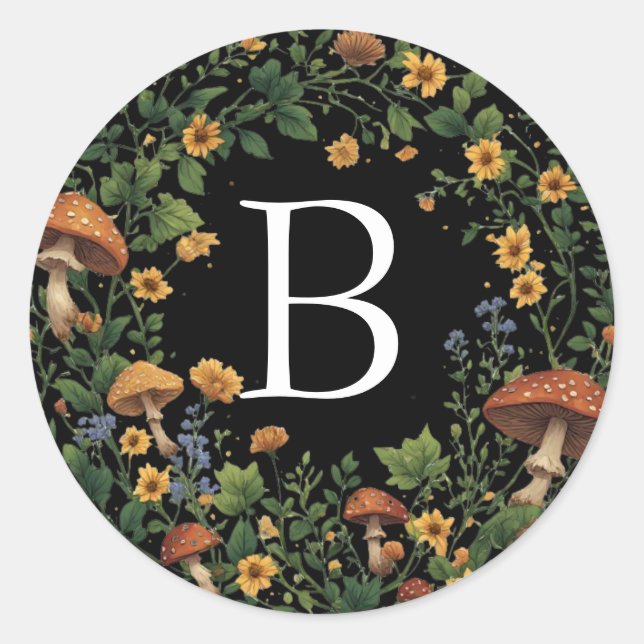 Sticker Rond Champignons Floraux Initiale Personnalisée sur Fon (Devant)