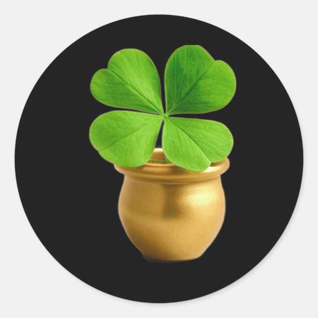 Sticker Rond Chance Lucky Charm Pot doré avec quatre feuilles C (Devant)