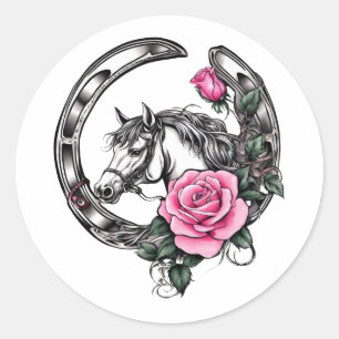 Sticker Rond Chanceux fer à cheval et roses roses roses