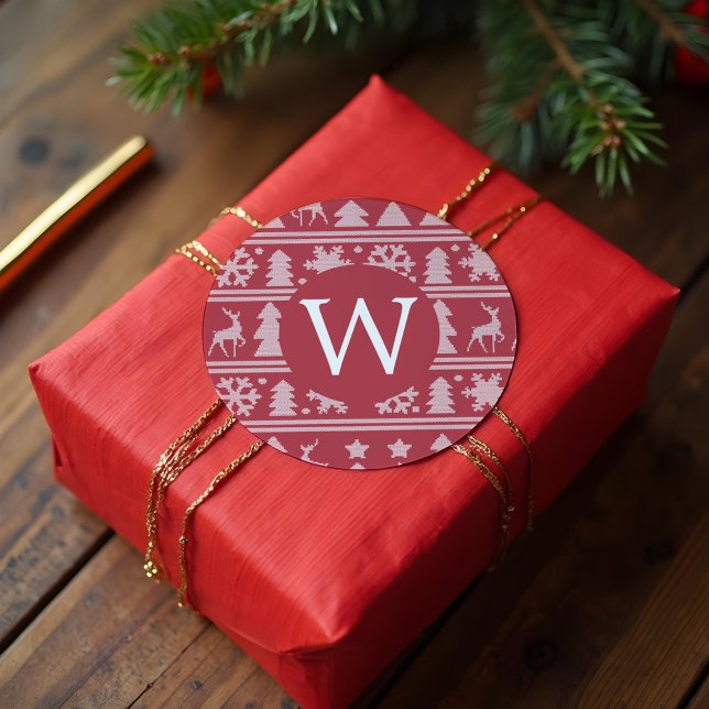Sticker Rond Chandail rouge Knit confortable Motif Monogramme N (Cozy Knit Red Sweater Pattern Monogram Christmas Classic Round Sticker)
