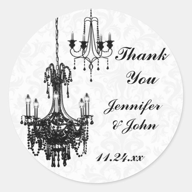 Sticker Rond Chandeliers Damas Noir et Blanc Mariage Faveur (Devant)