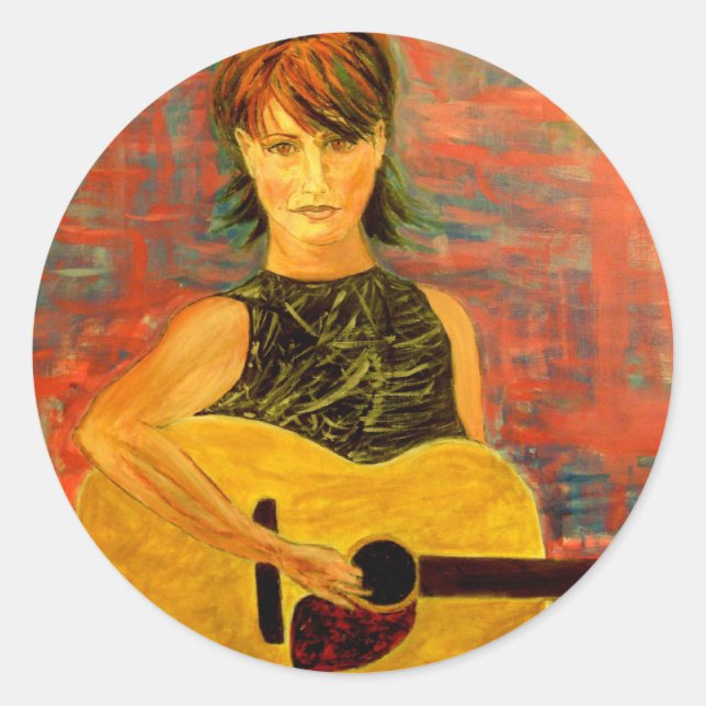 Sticker Rond chanteuse folk fille acoustique (Devant)