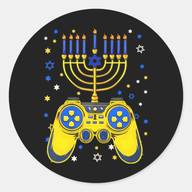 Sticker Rond Chanukah Juif Menorah Gamer Drôle Jeu (Devant)