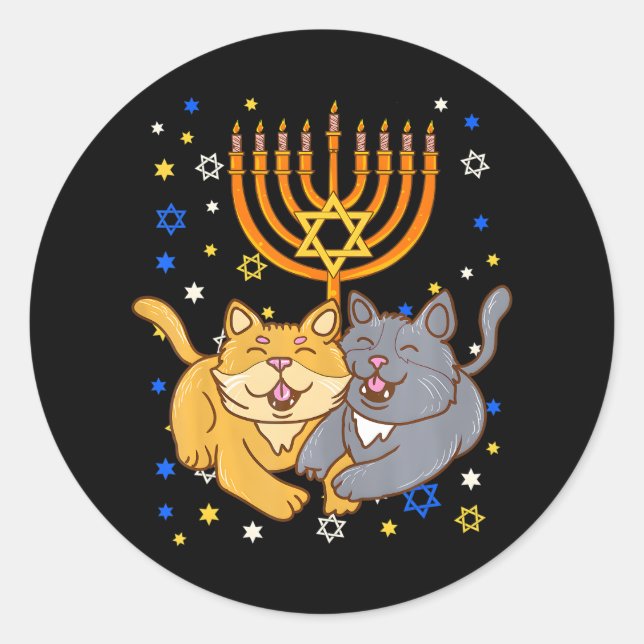 Sticker Rond Chanukah Juif Menorah Kitten Chat drôle Hanoukka (Devant)