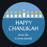 Sticker Rond Chanukah Menorah<br><div class="desc">Prix du meilleur d'aujourd'hui - 14 septembre 2010 Allumez la menorah et partagez votre joie sur Chanukah. Une carte photographique qui met en valeur vos proches couronnés par une menorah Chanukah, illuminée. Tout le texte est personnalisable et s'assied contre des panneaux de couleur royale et bleu clair avec un motif...</div>