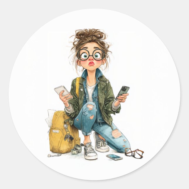 Sticker Rond Chaos Whimsical Tech-Overload Girl (Devant)