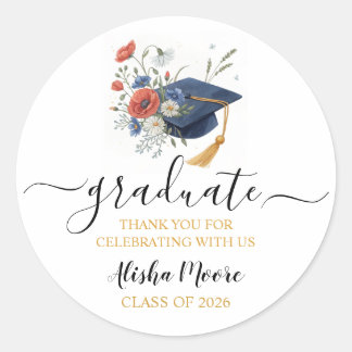 Sticker Rond Chapeau de diplômé à l'aquarelle Merci