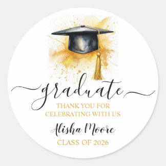 Sticker Rond Chapeau de diplômé à l'aquarelle Merci