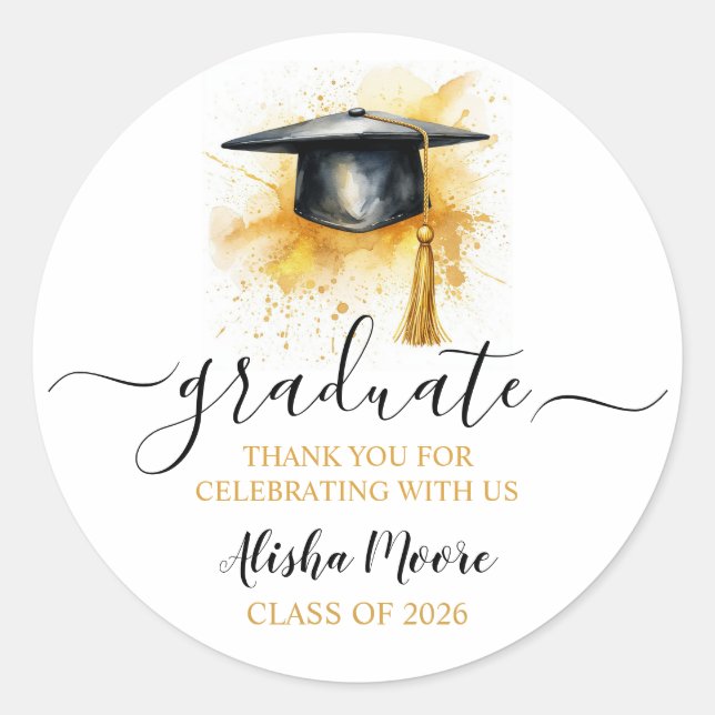 Sticker Rond Chapeau de diplômé à l'aquarelle Merci  (Devant)