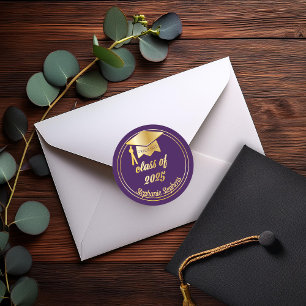 Sticker Rond Chapeau de diplômé Élégant Violet Or 2023 Diplôm