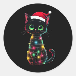 Sticker Rond Chapeau de Noël de Santa pour chat noir Meowy Cats