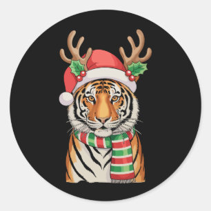 Sticker Rond Chapeau de Père Noël de Renne Tigre Noël Xmas Vaca