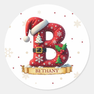 Sticker Rond Chapeau de Père Noël Rouge Noël Lettre B Nom