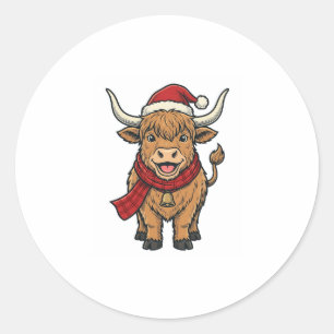 Sticker Rond Chapeau de Santa Cow Highland Noël Vintage Vector_
