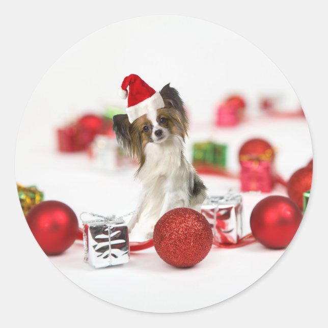 Sticker Rond Chapeau de Santa de Noël de chien Papillon mignon (Devant)