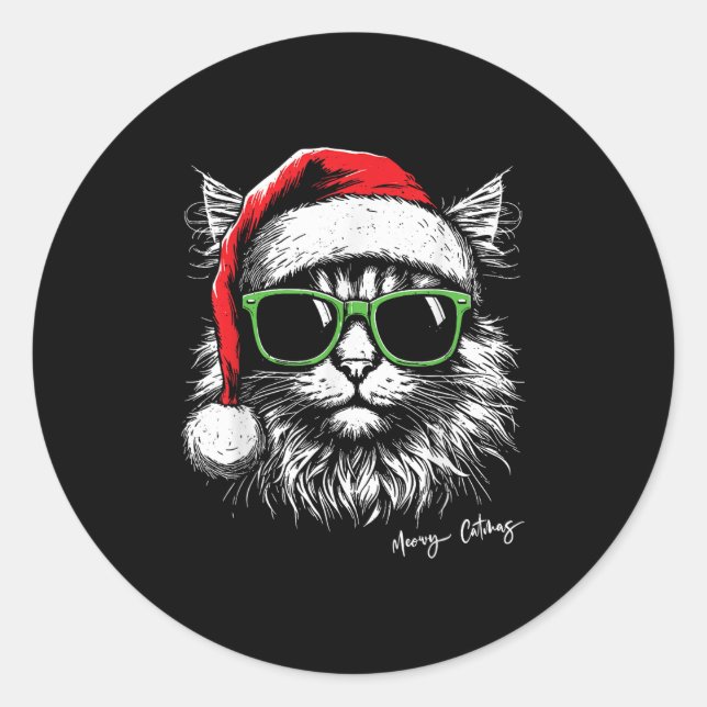 Sticker Rond Chapeau de Santa Meowy Catmas Mignon Chat Pyjama d (Devant)