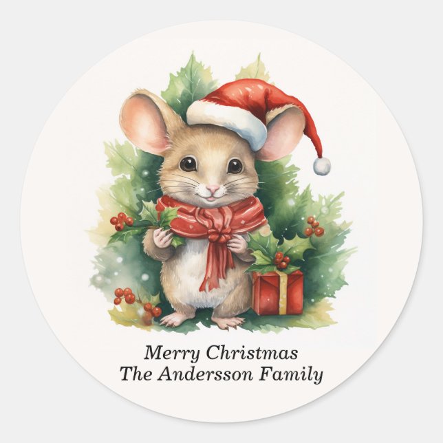 Sticker Rond Chapeau de Santa Mouse Joyeux Noël Nom (Devant)