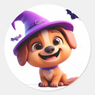Sticker Rond Chapeau de Sorcière avec un chiot mignon Design ro