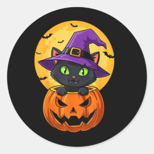 Sticker Rond Chapeau de sorcière chat noir mignon dans citrouil