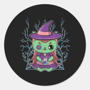Sticker Rond Chapeau De Sorcière Chat Noir Mignon Et Potion Mag