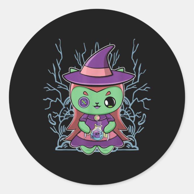 Sticker Rond Chapeau De Sorcière Chat Noir Mignon Et Potion Mag (Devant)
