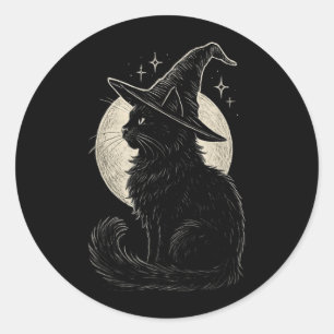 Sticker Rond Chapeau de sorcière chat noir mignon lune rétro Co