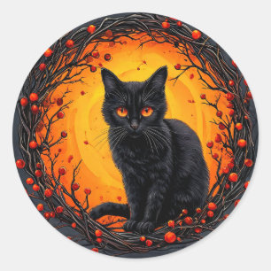 Sticker Rond Chapeau de sorcière Citrouille Chat noir Halloween