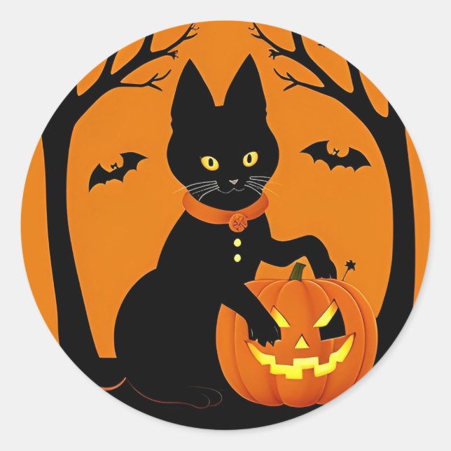 Sticker Rond Chapeau de sorcière citrouille de chat noir mignon (Devant)