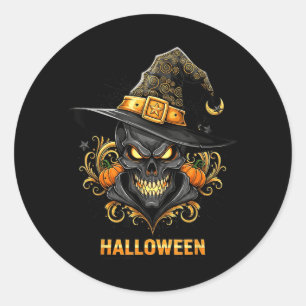 Sticker Rond Chapeau de sorcière crâne effrayant Halloween horr