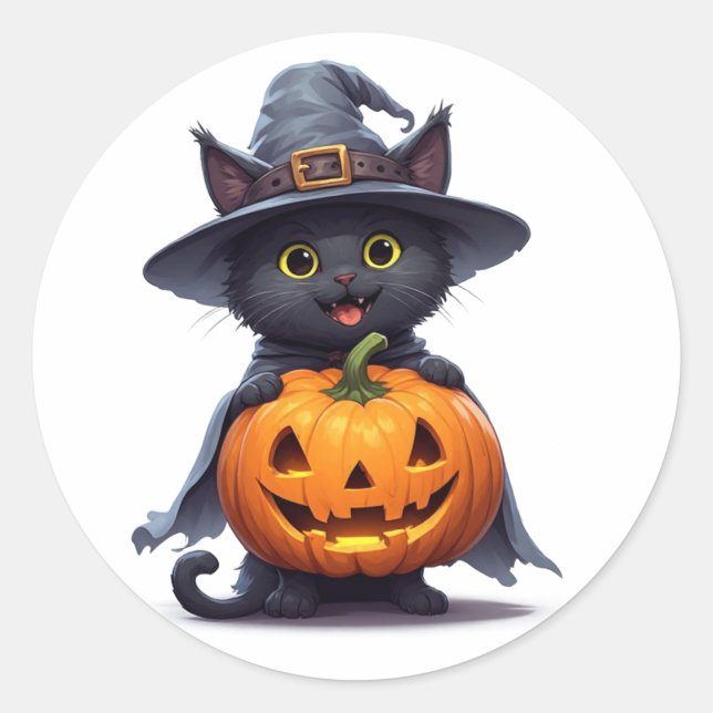 Sticker Rond Chapeau de sorcière de chat noir Citrouille Décora (Devant)