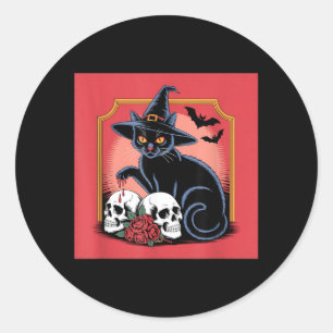 Sticker Rond Chapeau de sorcière de chat noir crânes roses chau