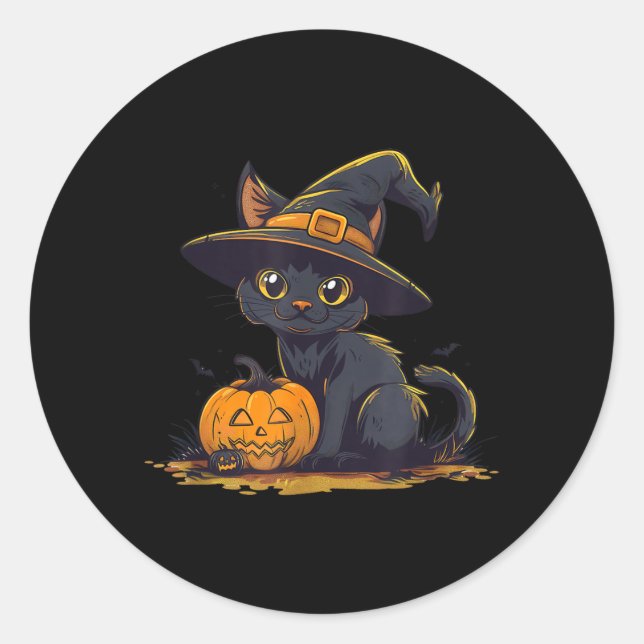 Sticker Rond Chapeau de sorcière de chat noir Halloween mignon  (Devant)