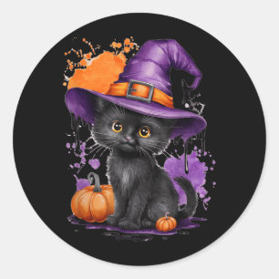 Sticker Rond Chapeau de sorcière de chat noir Halloween mignon 