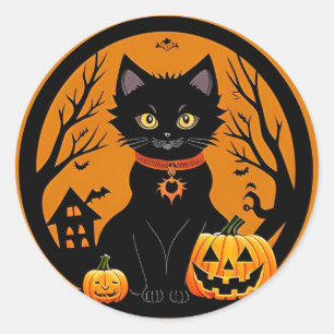 Sticker Rond Chapeau de sorcière de chat noir mignon citrouille