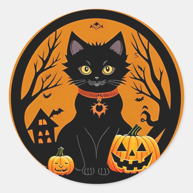 Sticker Rond Chapeau de sorcière de chat noir mignon citrouille (Devant)