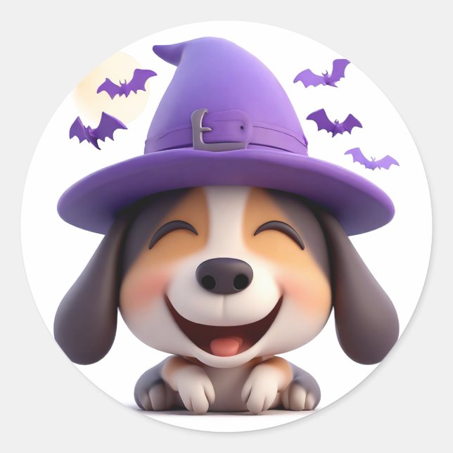 Sticker Rond Chapeau de Sorcière de Chien Heureux Thème de déco (Devant)