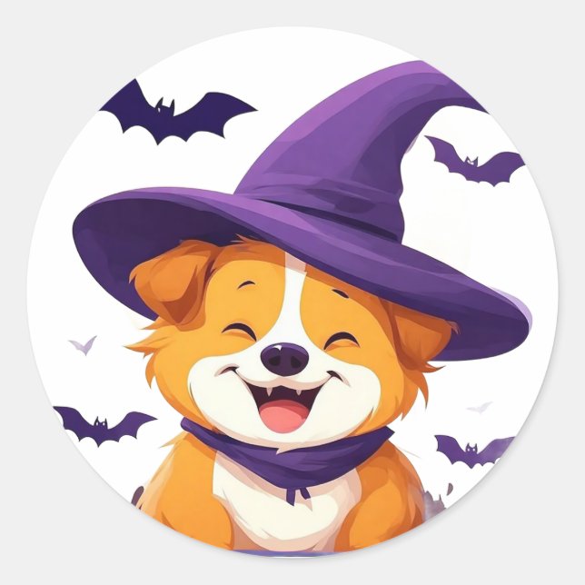Sticker Rond Chapeau de sorcière de chiot drôle Halloween scène (Devant)