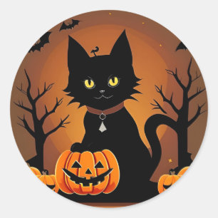 Sticker Rond Chapeau de sorcière de citrouille de chaton noir M