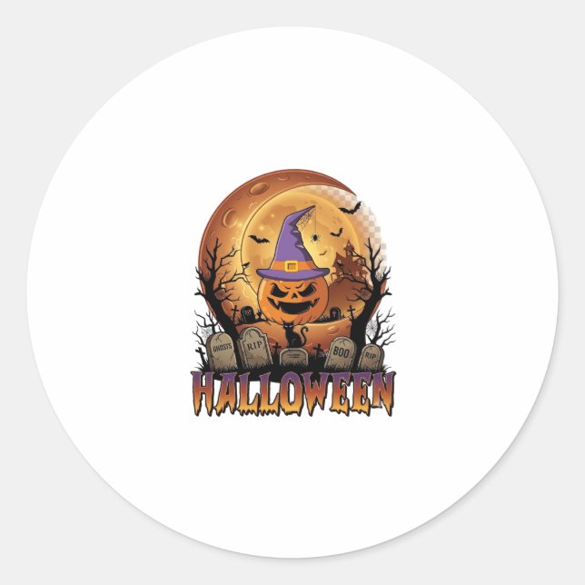 Sticker Rond Chapeau de sorcière de citrouille d'Halloween Chat (Devant)