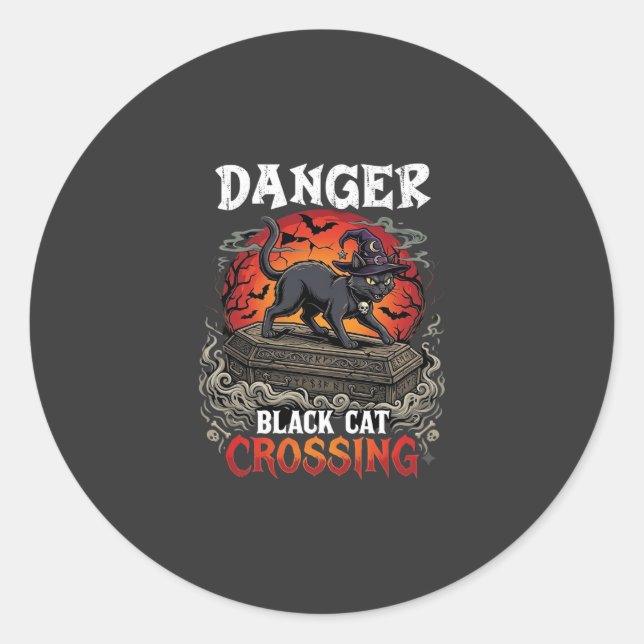 Sticker Rond Chapeau de sorcière de Halloween Danger Black Cat  (Devant)