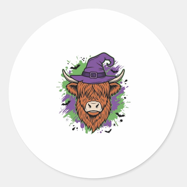 Sticker Rond Chapeau de sorcière de vache des Highlands Hallowe (Devant)